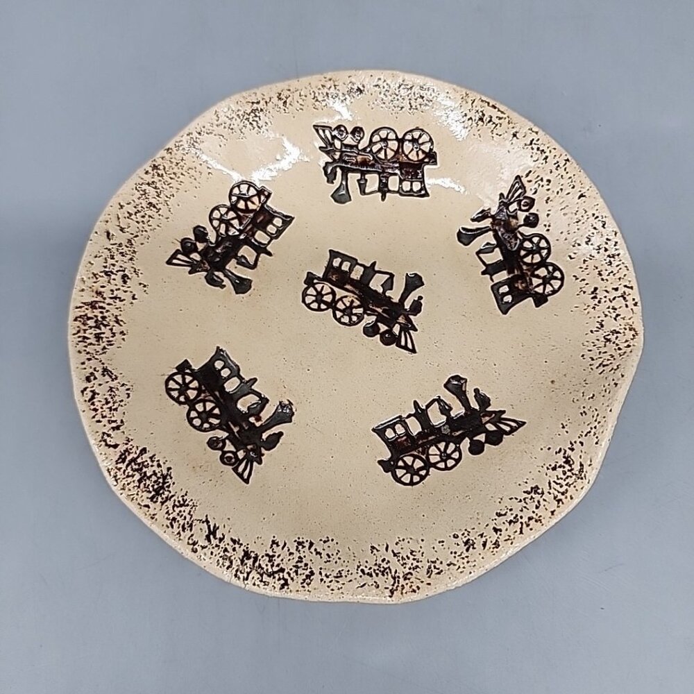 Vintage Train Trinket Soap Dish Ceramic Stone Beige 5.5" Handmade Signed